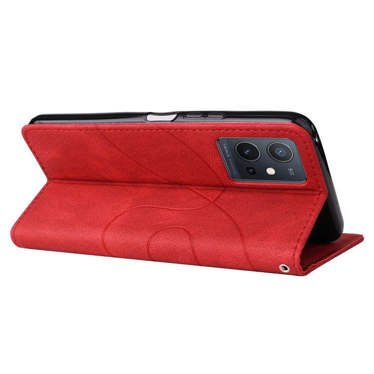 For vivo Y55 5G Anti-fall Anti-scratch Dual-color Splicing PU Leather Wallet Function Phone Case Stand Shell with Strap - Red