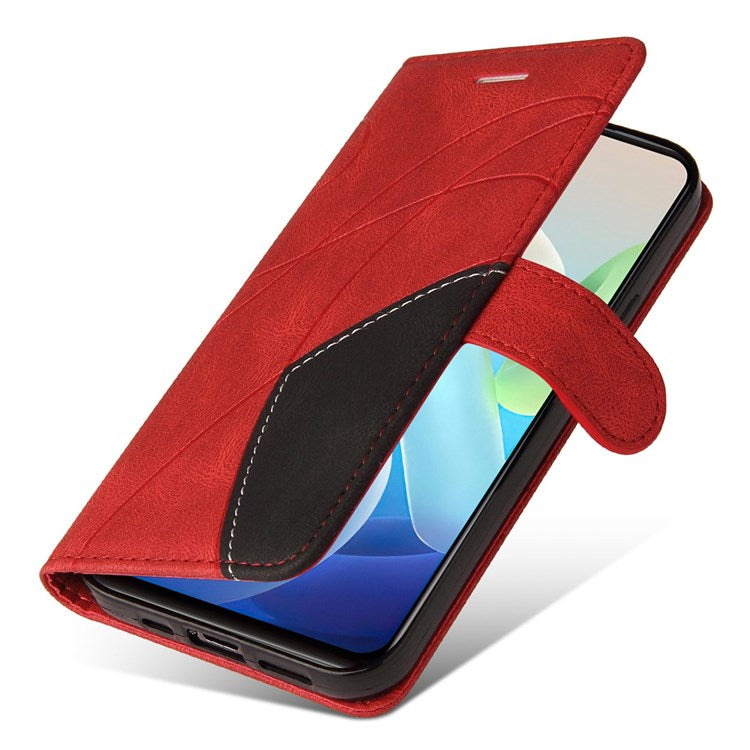 For vivo Y55 5G Anti-fall Anti-scratch Dual-color Splicing PU Leather Wallet Function Phone Case Stand Shell with Strap - Red