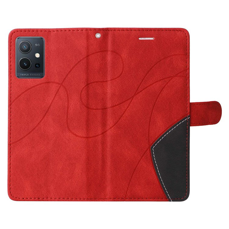 For vivo Y55 5G Anti-fall Anti-scratch Dual-color Splicing PU Leather Wallet Function Phone Case Stand Shell with Strap - Red