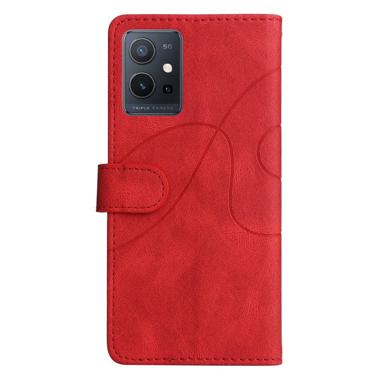 For vivo Y55 5G Anti-fall Anti-scratch Dual-color Splicing PU Leather Wallet Function Phone Case Stand Shell with Strap - Red