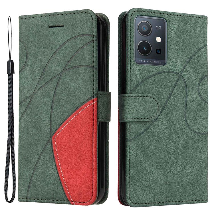 For vivo Y55 5G Anti-fall Anti-scratch Dual-color Splicing PU Leather Wallet Function Phone Case Stand Shell with Strap - Green