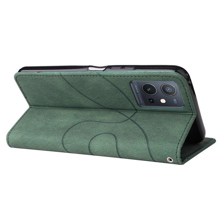 For vivo Y55 5G Anti-fall Anti-scratch Dual-color Splicing PU Leather Wallet Function Phone Case Stand Shell with Strap - Green