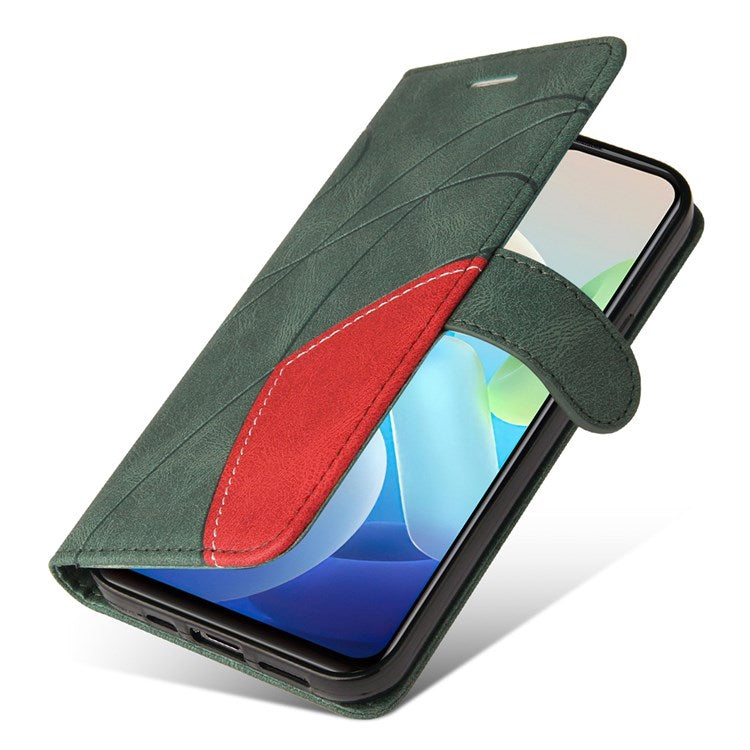 For vivo Y55 5G Anti-fall Anti-scratch Dual-color Splicing PU Leather Wallet Function Phone Case Stand Shell with Strap - Green