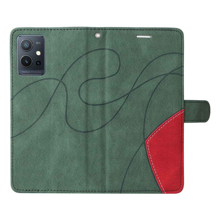 For vivo Y55 5G Anti-fall Anti-scratch Dual-color Splicing PU Leather Wallet Function Phone Case Stand Shell with Strap - Green