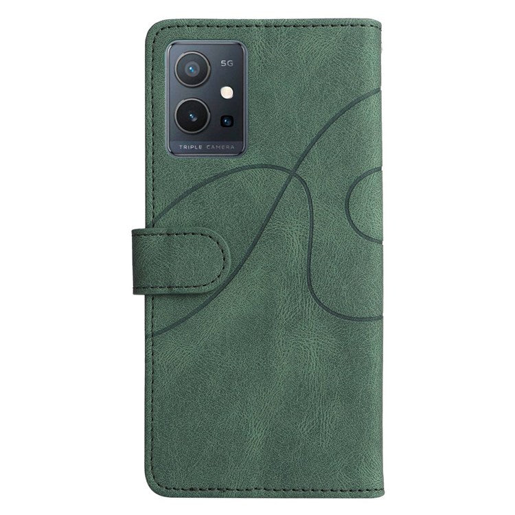 For vivo Y55 5G Anti-fall Anti-scratch Dual-color Splicing PU Leather Wallet Function Phone Case Stand Shell with Strap - Green