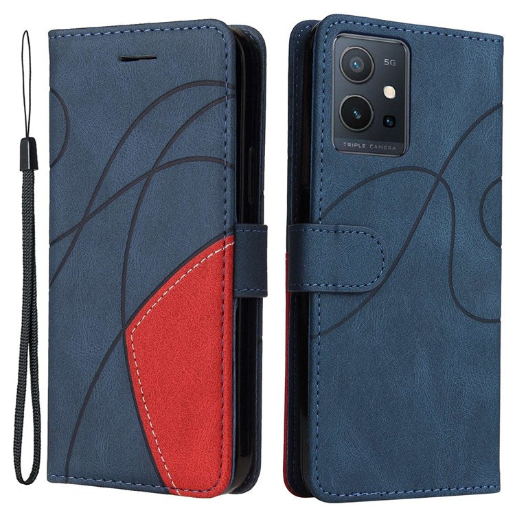 For vivo Y55 5G Anti-fall Anti-scratch Dual-color Splicing PU Leather Wallet Function Phone Case Stand Shell with Strap - Blue