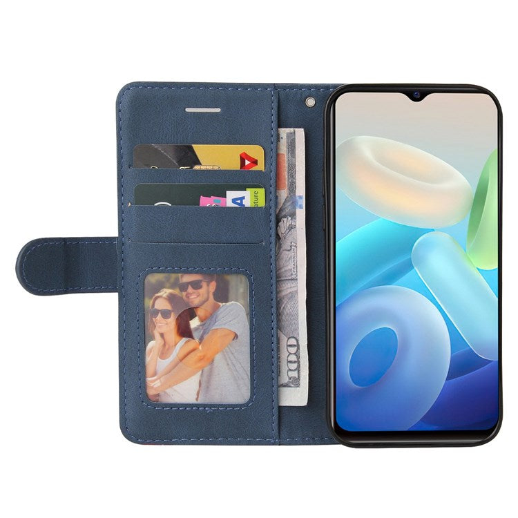 For vivo Y55 5G Anti-fall Anti-scratch Dual-color Splicing PU Leather Wallet Function Phone Case Stand Shell with Strap - Blue