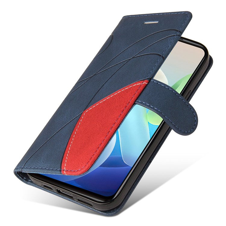 For vivo Y55 5G Anti-fall Anti-scratch Dual-color Splicing PU Leather Wallet Function Phone Case Stand Shell with Strap - Blue