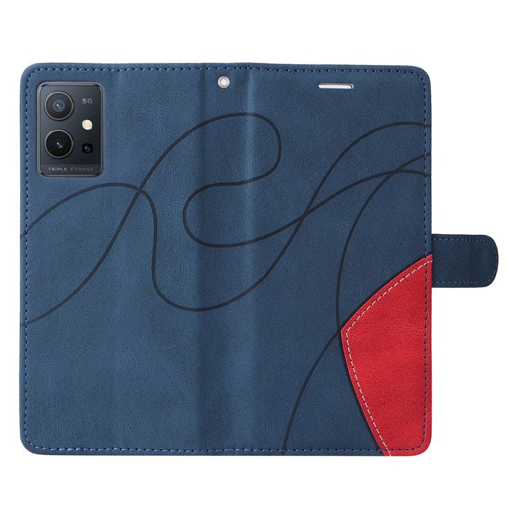 For vivo Y55 5G Anti-fall Anti-scratch Dual-color Splicing PU Leather Wallet Function Phone Case Stand Shell with Strap - Blue