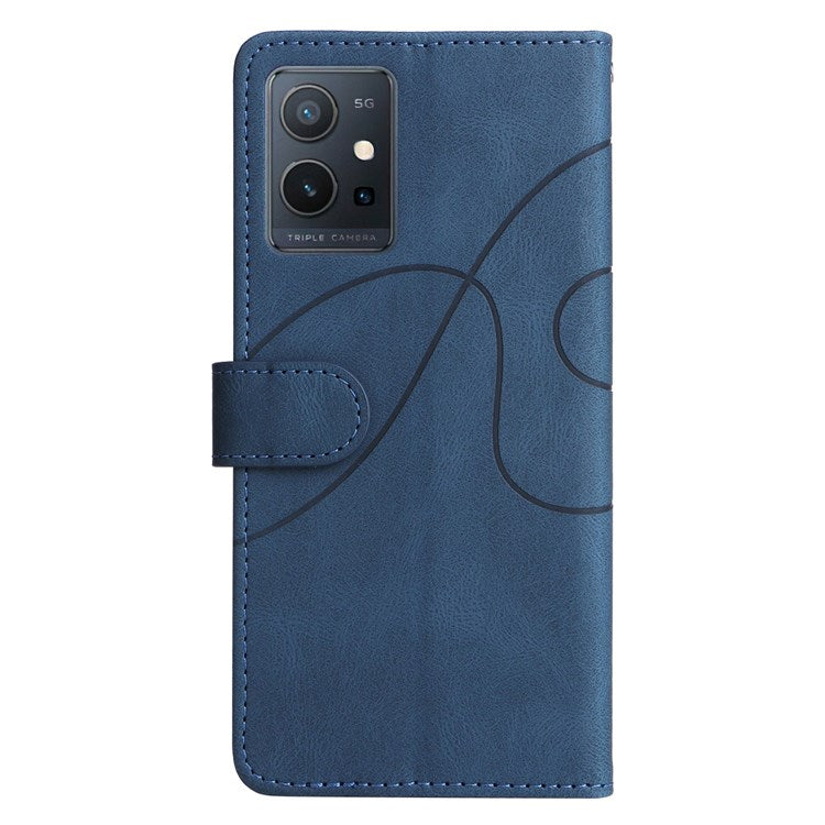 For vivo Y55 5G Anti-fall Anti-scratch Dual-color Splicing PU Leather Wallet Function Phone Case Stand Shell with Strap - Blue