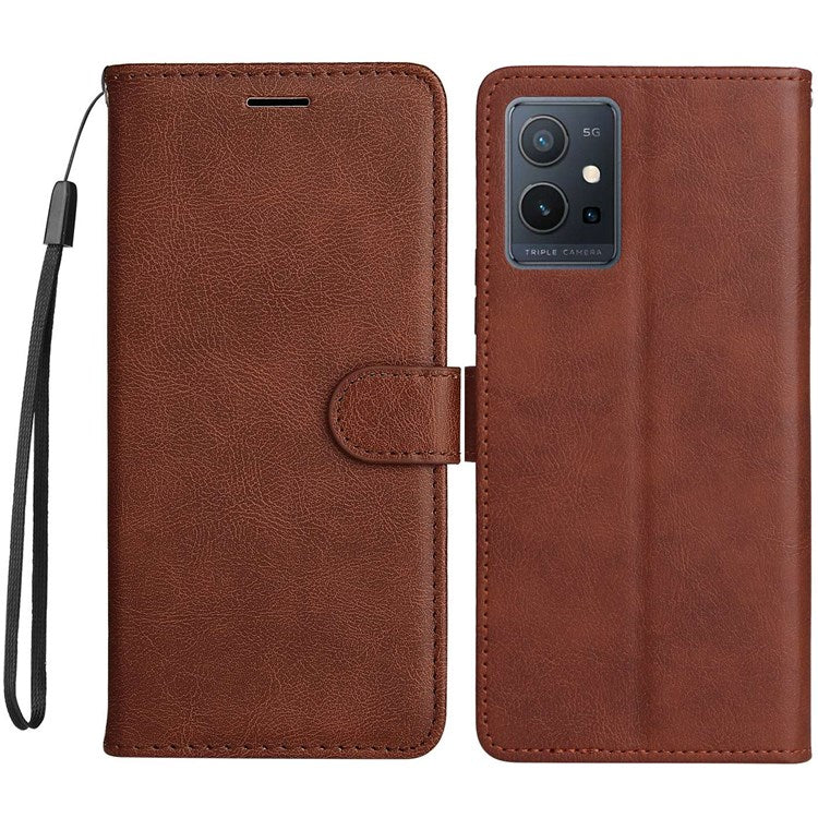 KT Leather Series-2 Leather Stand Phone Casing for vivo Y55 5G, Wallet Design 360-Degree Full Protection Leather Phone Case with Handy Strap - Brown