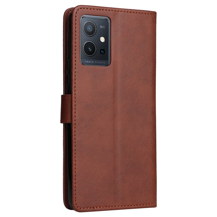 KT Leather Series-2 Leather Stand Phone Casing for vivo Y55 5G, Wallet Design 360-Degree Full Protection Leather Phone Case with Handy Strap - Brown