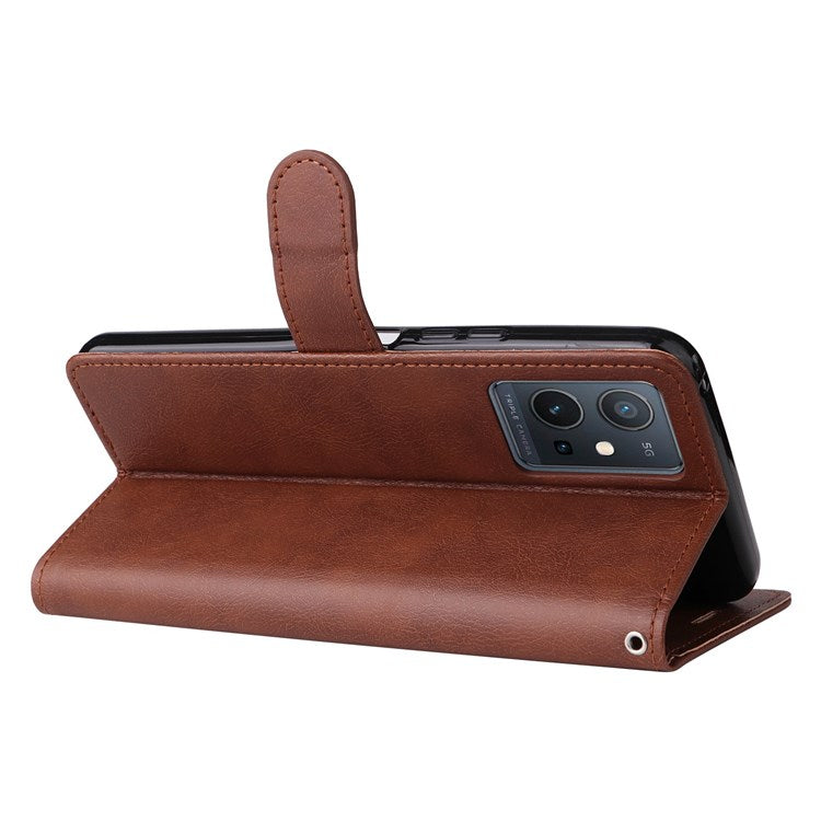 KT Leather Series-2 Leather Stand Phone Casing for vivo Y55 5G, Wallet Design 360-Degree Full Protection Leather Phone Case with Handy Strap - Brown