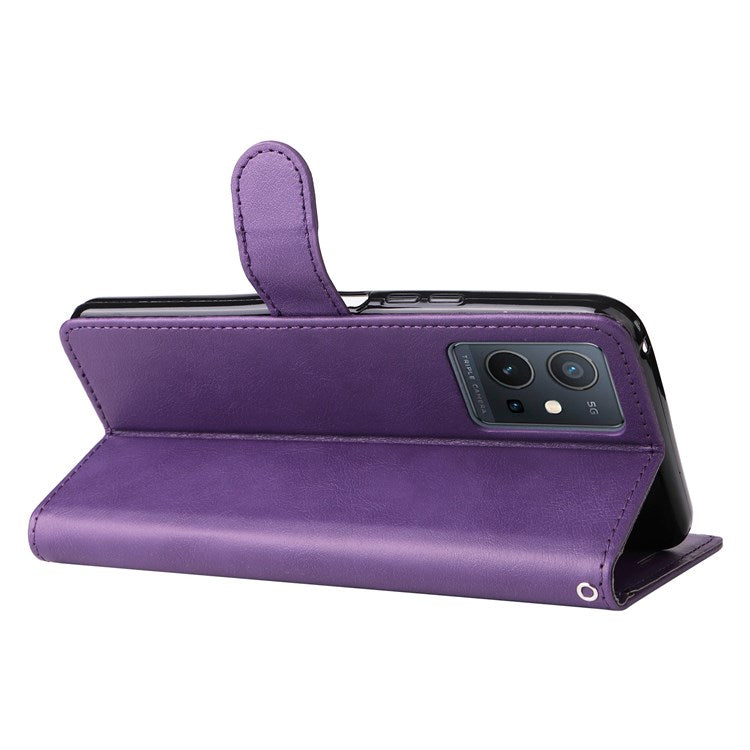 KT Leather Series-2 Leather Stand Phone Casing for vivo Y55 5G, Wallet Design 360-Degree Full Protection Leather Phone Case with Handy Strap - Purple