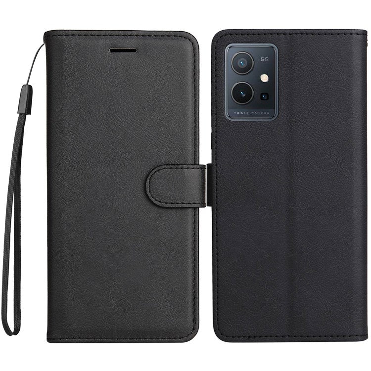 KT Leather Series-2 Leather Stand Phone Casing for vivo Y55 5G, Wallet Design 360-Degree Full Protection Leather Phone Case with Handy Strap - Black