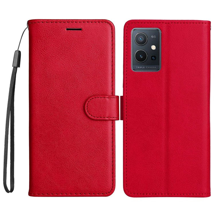 KT Leather Series-2 Leather Stand Phone Casing for vivo Y55 5G, Wallet Design 360-Degree Full Protection Leather Phone Case with Handy Strap - Red