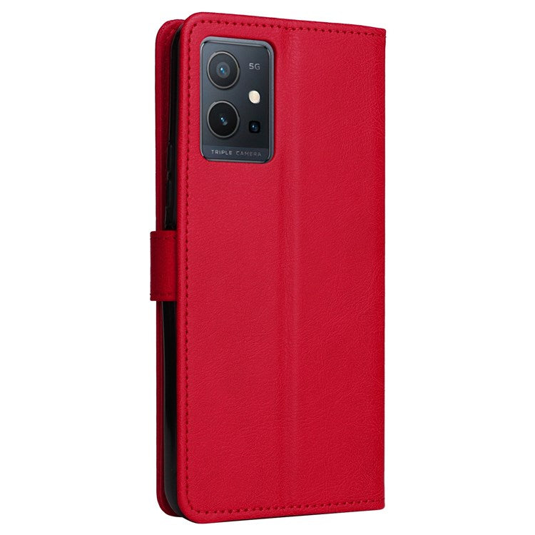 KT Leather Series-2 Leather Stand Phone Casing for vivo Y55 5G, Wallet Design 360-Degree Full Protection Leather Phone Case with Handy Strap - Red