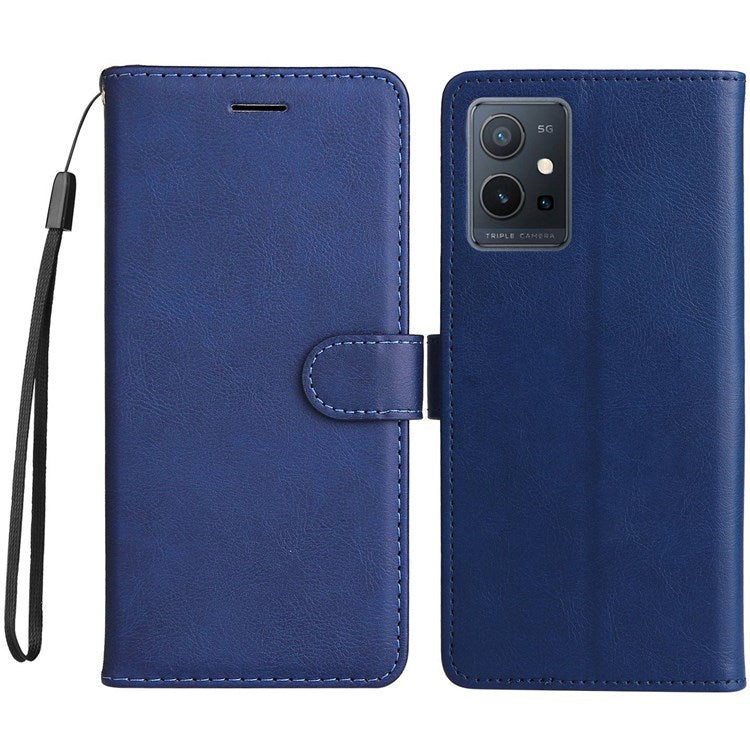 KT Leather Series-2 Leather Stand Phone Casing for vivo Y55 5G, Wallet Design 360-Degree Full Protection Leather Phone Case with Handy Strap - Blue