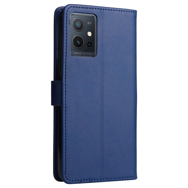 KT Leather Series-2 Leather Stand Phone Casing for vivo Y55 5G, Wallet Design 360-Degree Full Protection Leather Phone Case with Handy Strap - Blue