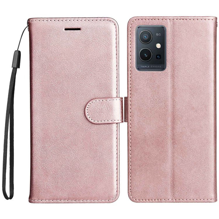 KT Leather Series-2 Leather Stand Phone Casing for vivo Y55 5G, Wallet Design 360-Degree Full Protection Leather Phone Case with Handy Strap - Rose Gold