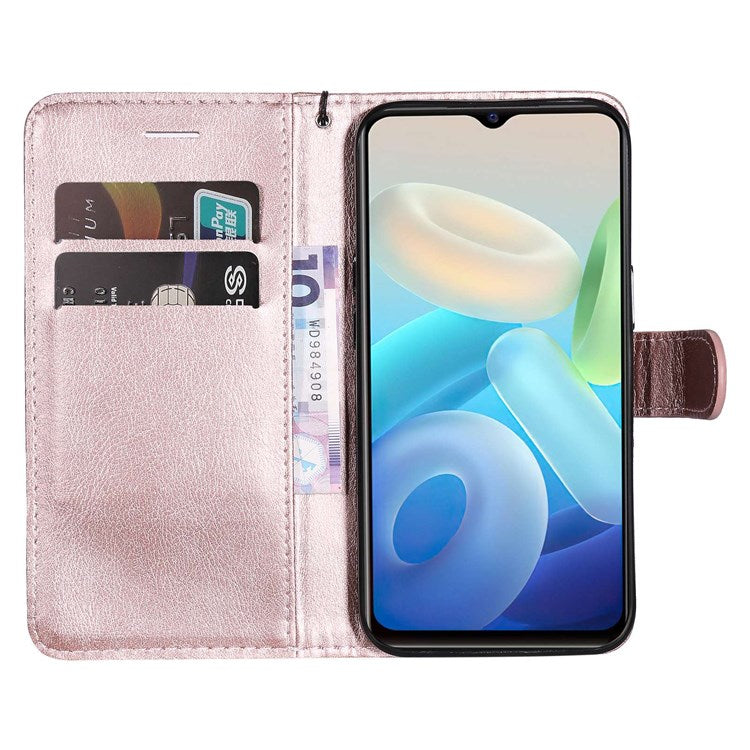 KT Leather Series-2 Leather Stand Phone Casing for vivo Y55 5G, Wallet Design 360-Degree Full Protection Leather Phone Case with Handy Strap - Rose Gold