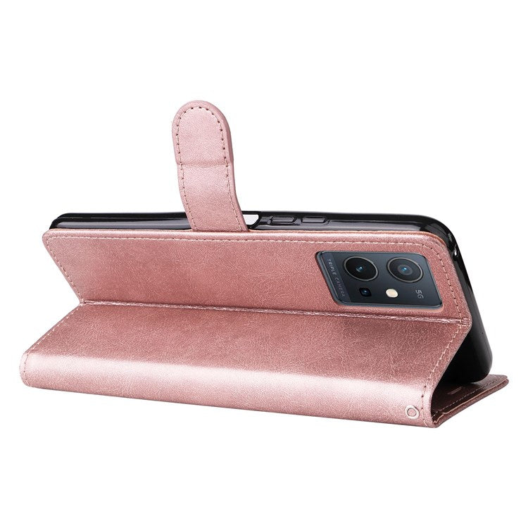 KT Leather Series-2 Leather Stand Phone Casing for vivo Y55 5G, Wallet Design 360-Degree Full Protection Leather Phone Case with Handy Strap - Rose Gold