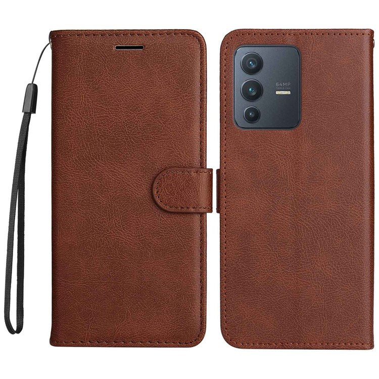 KT Leather Series-2 Leather Stand Phone Casing for vivo V23 5G, Magnetic Clasp Design Leather Wallet Phone Case with Handy Strap - Brown