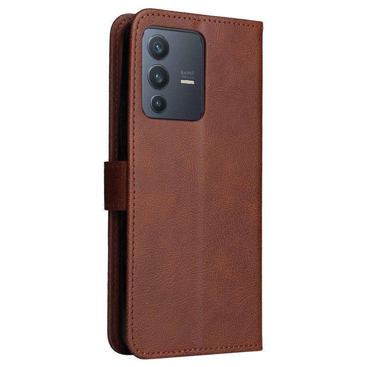 KT Leather Series-2 Leather Stand Phone Casing for vivo V23 5G, Magnetic Clasp Design Leather Wallet Phone Case with Handy Strap - Brown