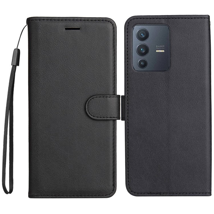 KT Leather Series-2 Leather Stand Phone Casing for vivo V23 5G, Magnetic Clasp Design Leather Wallet Phone Case with Handy Strap - Black