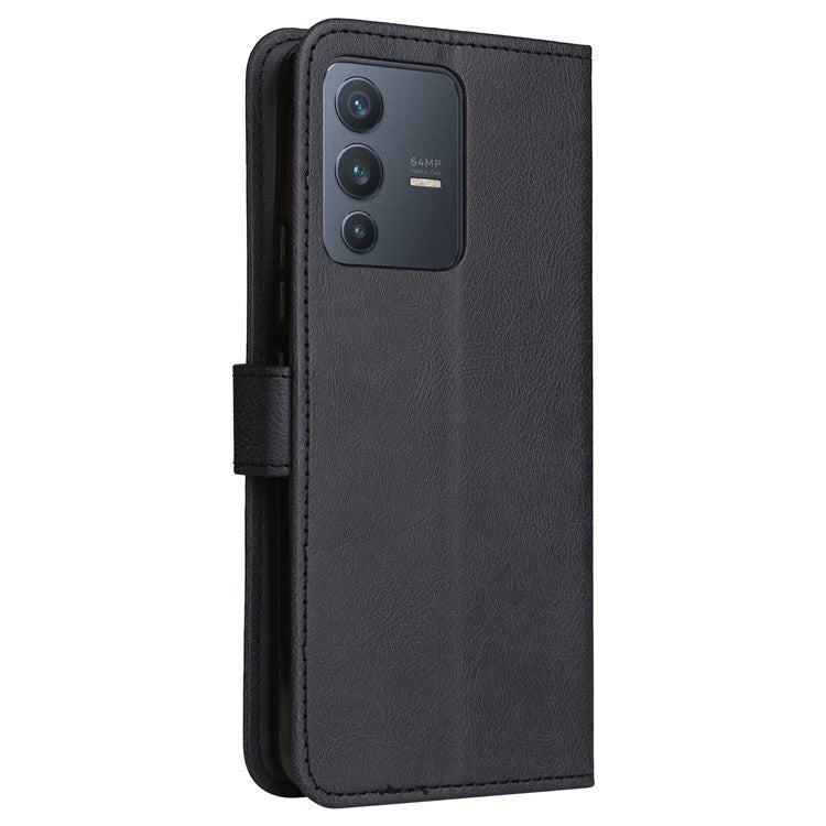 KT Leather Series-2 Leather Stand Phone Casing for vivo V23 5G, Magnetic Clasp Design Leather Wallet Phone Case with Handy Strap - Black