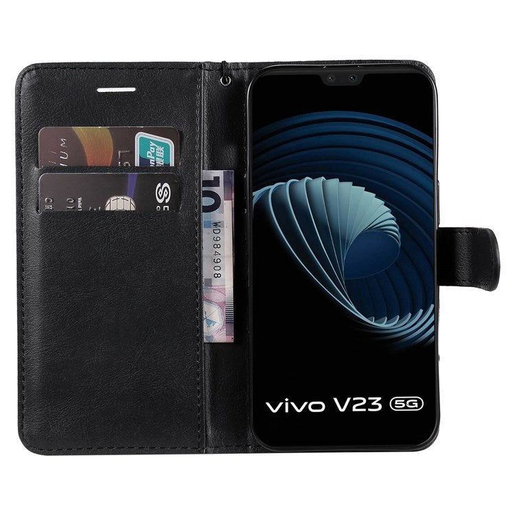 KT Leather Series-2 Leather Stand Phone Casing for vivo V23 5G, Magnetic Clasp Design Leather Wallet Phone Case with Handy Strap - Black