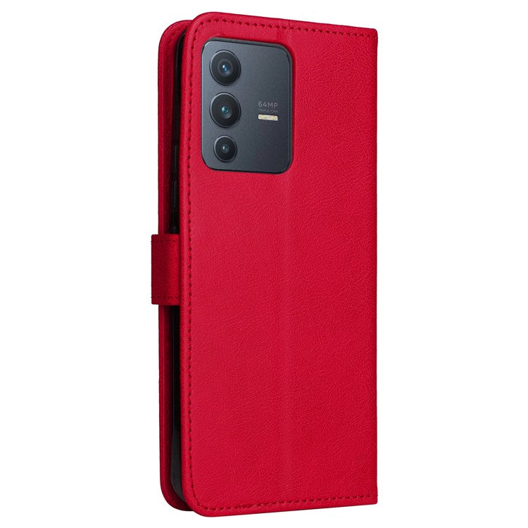 KT Leather Series-2 Leather Stand Phone Casing for vivo V23 5G, Magnetic Clasp Design Leather Wallet Phone Case with Handy Strap - Red