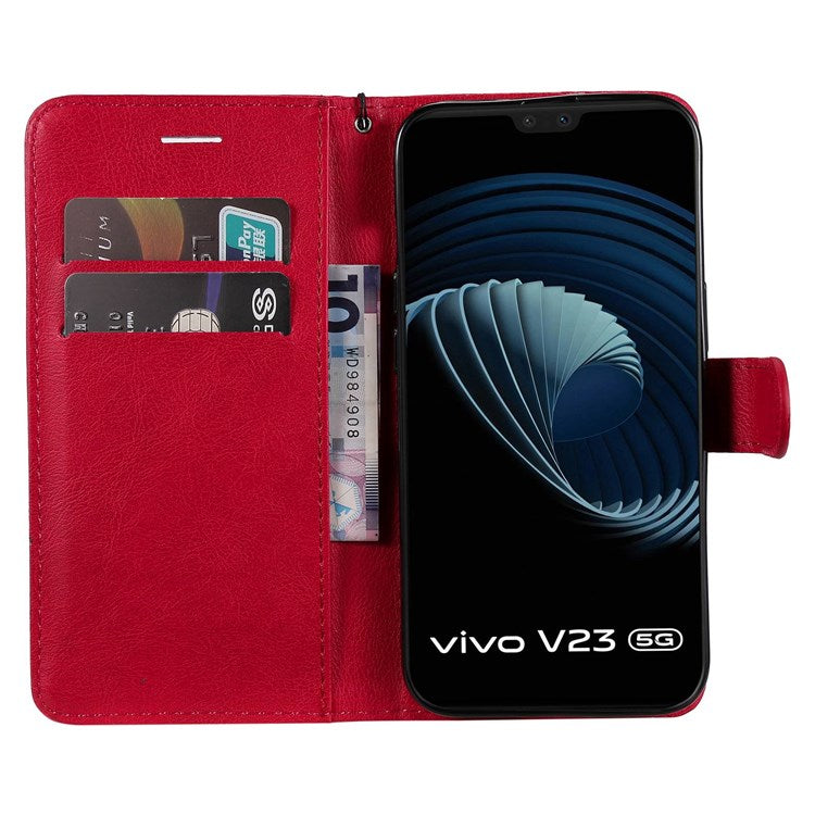 KT Leather Series-2 Leather Stand Phone Casing for vivo V23 5G, Magnetic Clasp Design Leather Wallet Phone Case with Handy Strap - Red