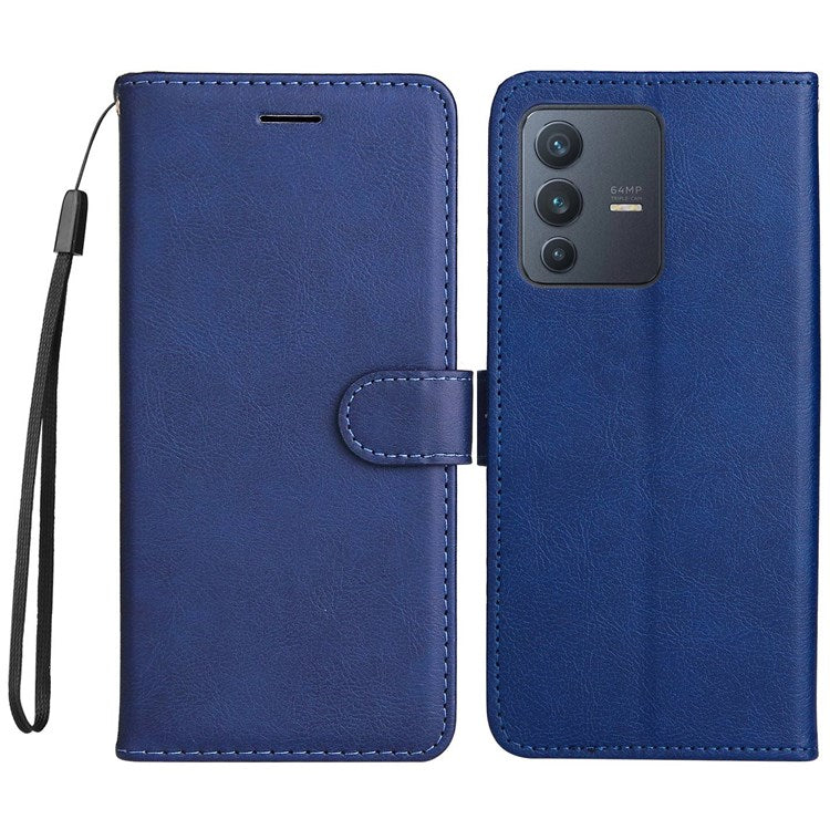 KT Leather Series-2 Leather Stand Phone Casing for vivo V23 5G, Magnetic Clasp Design Leather Wallet Phone Case with Handy Strap - Blue