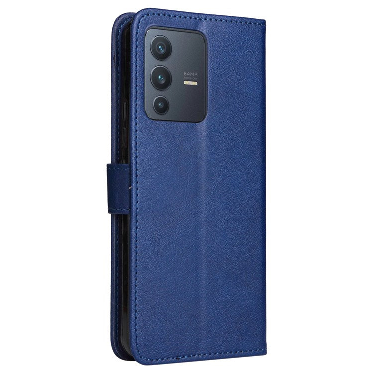 KT Leather Series-2 Leather Stand Phone Casing for vivo V23 5G, Magnetic Clasp Design Leather Wallet Phone Case with Handy Strap - Blue