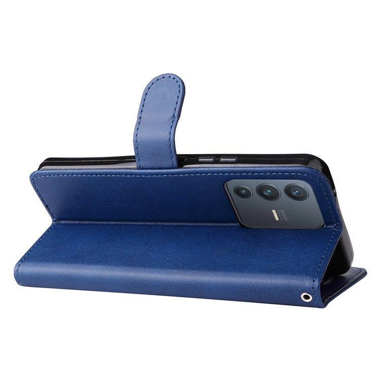 KT Leather Series-2 Leather Stand Phone Casing for vivo V23 5G, Magnetic Clasp Design Leather Wallet Phone Case with Handy Strap - Blue