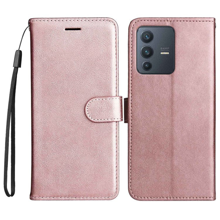 KT Leather Series-2 Leather Stand Phone Casing for vivo V23 5G, Magnetic Clasp Design Leather Wallet Phone Case with Handy Strap - Rose Gold