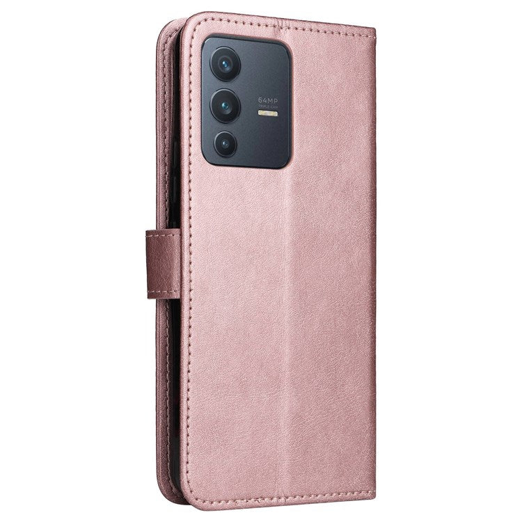 KT Leather Series-2 Leather Stand Phone Casing for vivo V23 5G, Magnetic Clasp Design Leather Wallet Phone Case with Handy Strap - Rose Gold