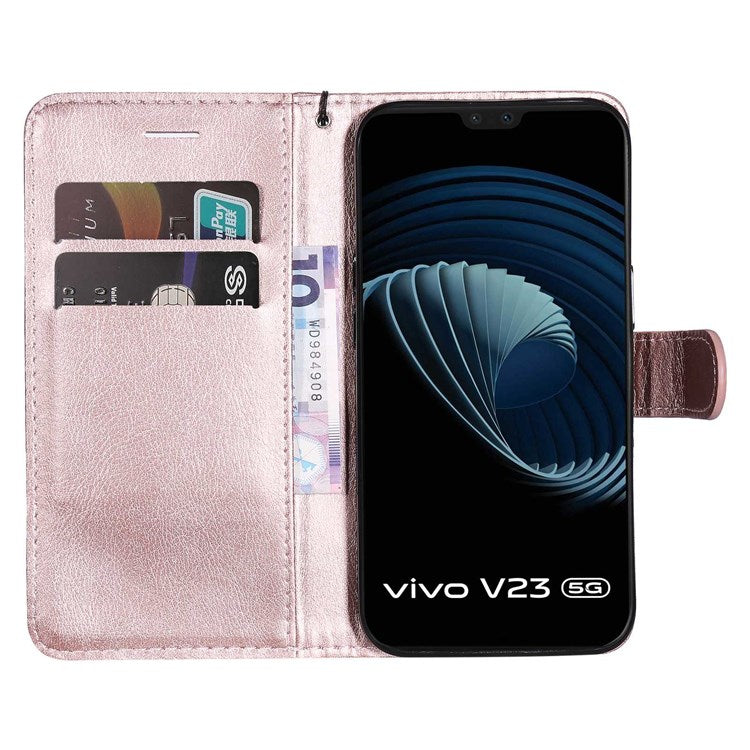 KT Leather Series-2 Leather Stand Phone Casing for vivo V23 5G, Magnetic Clasp Design Leather Wallet Phone Case with Handy Strap - Rose Gold