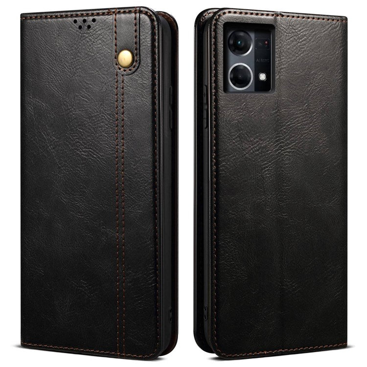 Waxy Crazy Horse Texture Case for Oppo Reno7 4G/F21 Pro 4G, Magnetic Auto-absorbed Shockproof Stand Wallet Style Leather Mobile Phone Cover - Black