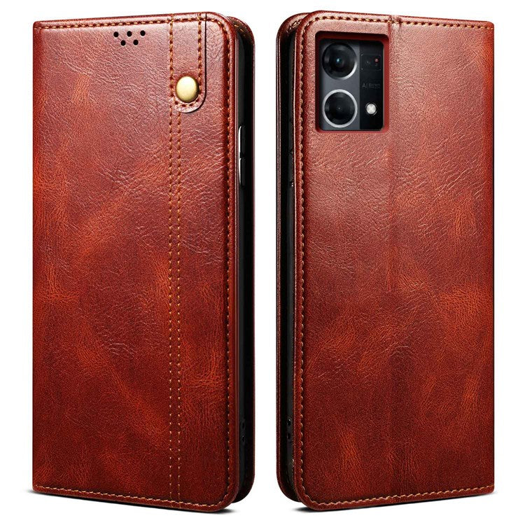 Waxy Crazy Horse Texture Case for Oppo Reno7 4G/F21 Pro 4G, Magnetic Auto-absorbed Shockproof Stand Wallet Style Leather Mobile Phone Cover - Brown