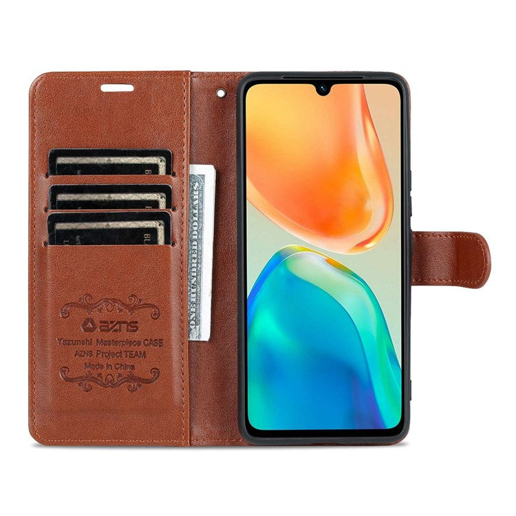 AZNS For vivo S15e 5G Textured Leather Flip Shell Magnetic Closure Stand Wallet 360-degree Protection Folio Cover - Brown