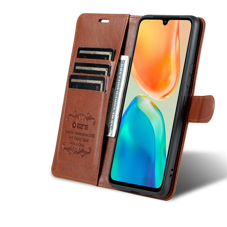 AZNS For vivo S15e 5G Textured Leather Flip Shell Magnetic Closure Stand Wallet 360-degree Protection Folio Cover - Brown