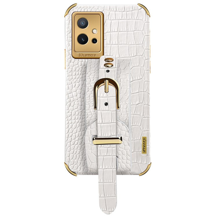 Electroplating Crocodile Texture Phone Case for vivo Y75 5G, Shockproof Precise Cutout PU Leather Coated TPU Shell with Hand Strap Kickstand - White