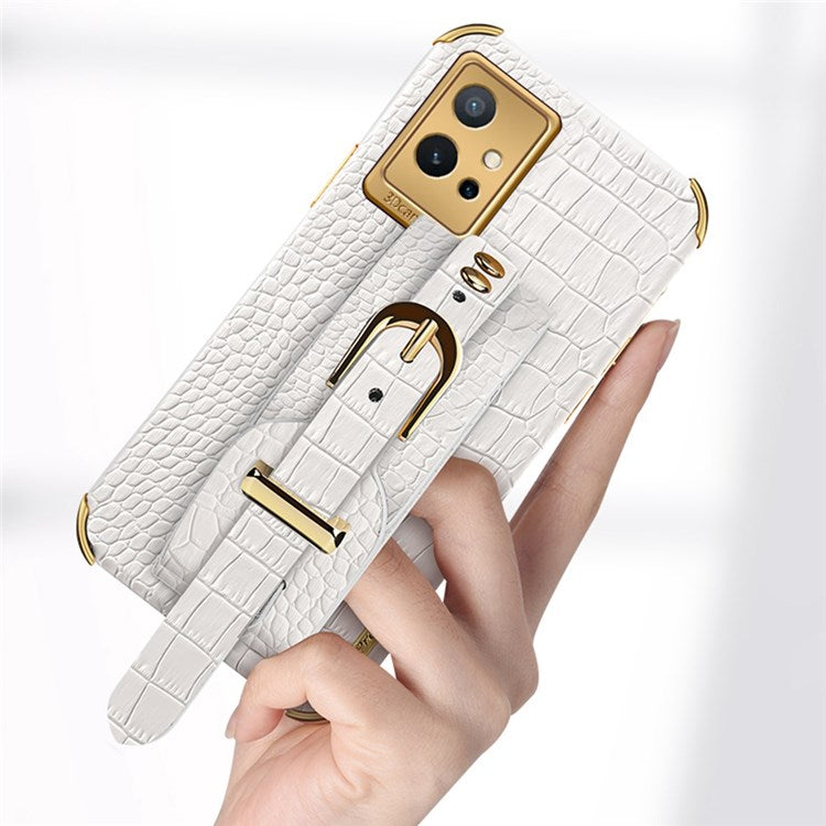 Electroplating Crocodile Texture Phone Case for vivo Y75 5G, Shockproof Precise Cutout PU Leather Coated TPU Shell with Hand Strap Kickstand - White