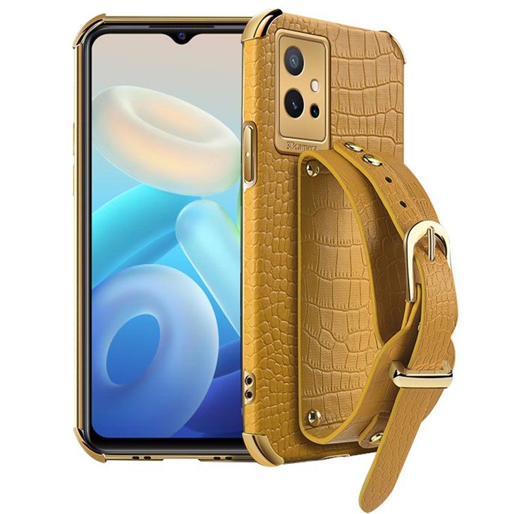 Electroplating Crocodile Texture Phone Case for vivo Y75 5G, Shockproof Precise Cutout PU Leather Coated TPU Shell with Hand Strap Kickstand - Yellow