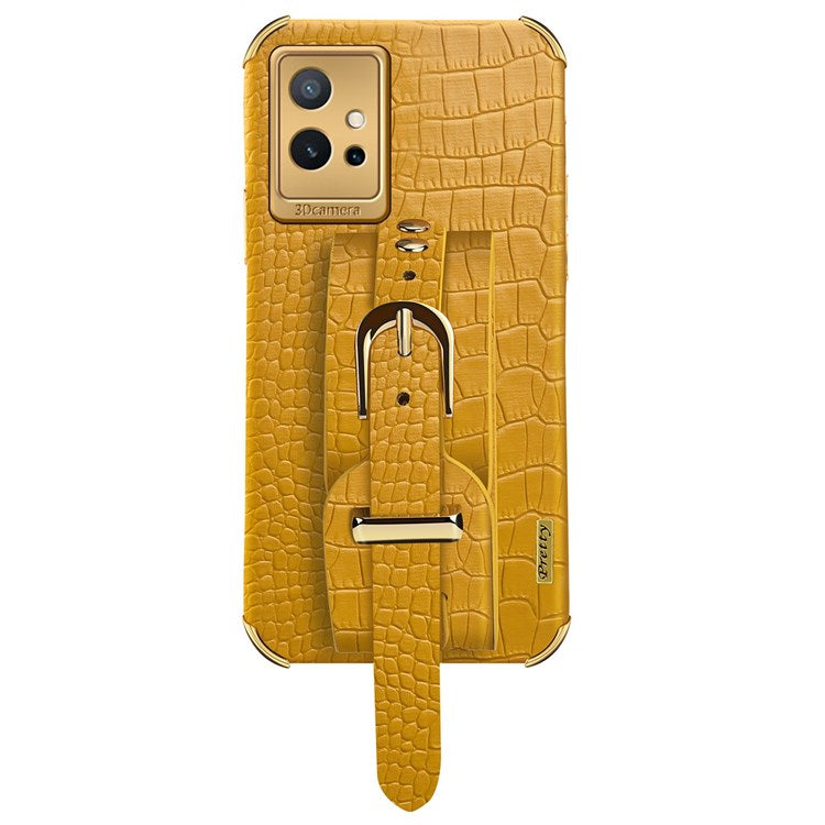 Electroplating Crocodile Texture Phone Case for vivo Y75 5G, Shockproof Precise Cutout PU Leather Coated TPU Shell with Hand Strap Kickstand - Yellow