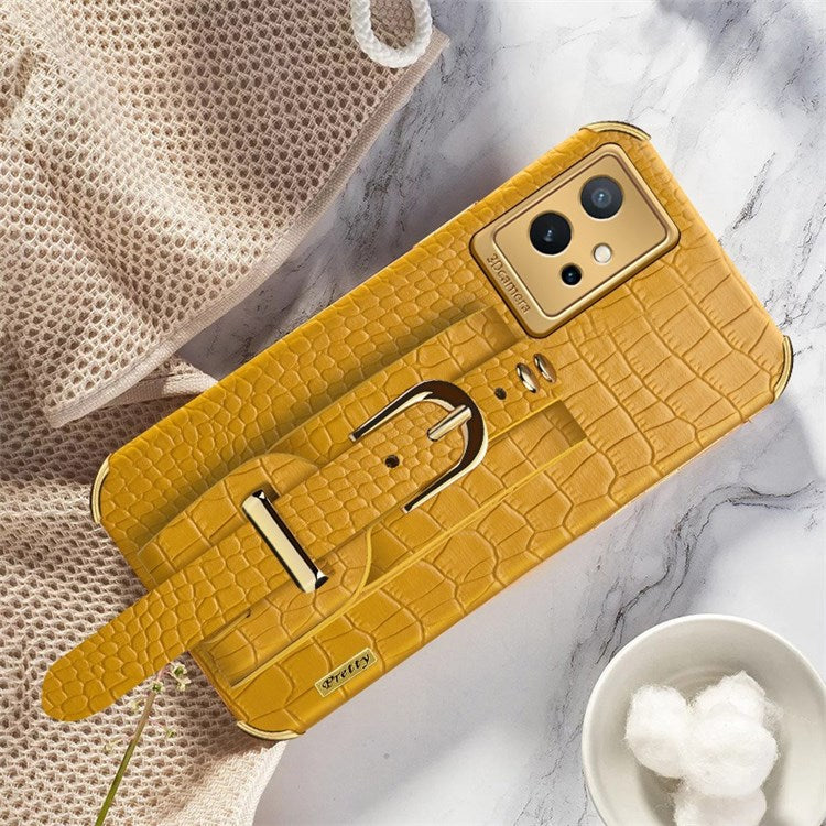 Electroplating Crocodile Texture Phone Case for vivo Y75 5G, Shockproof Precise Cutout PU Leather Coated TPU Shell with Hand Strap Kickstand - Yellow