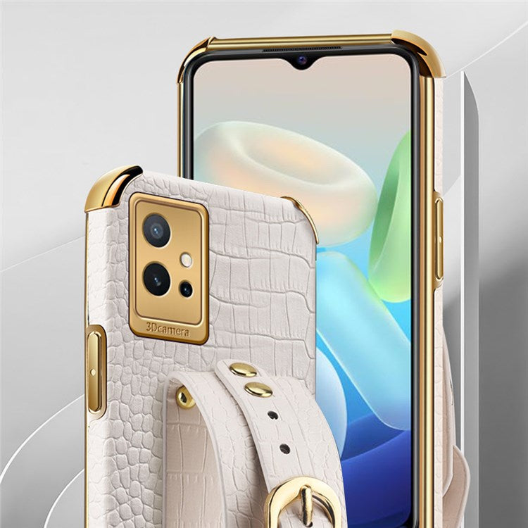 Electroplating Crocodile Texture Phone Case for vivo Y75 5G, Shockproof Precise Cutout PU Leather Coated TPU Shell with Hand Strap Kickstand - Yellow