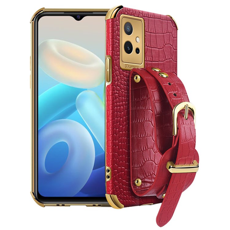 Electroplating Crocodile Texture Phone Case for vivo Y75 5G, Shockproof Precise Cutout PU Leather Coated TPU Shell with Hand Strap Kickstand - Red